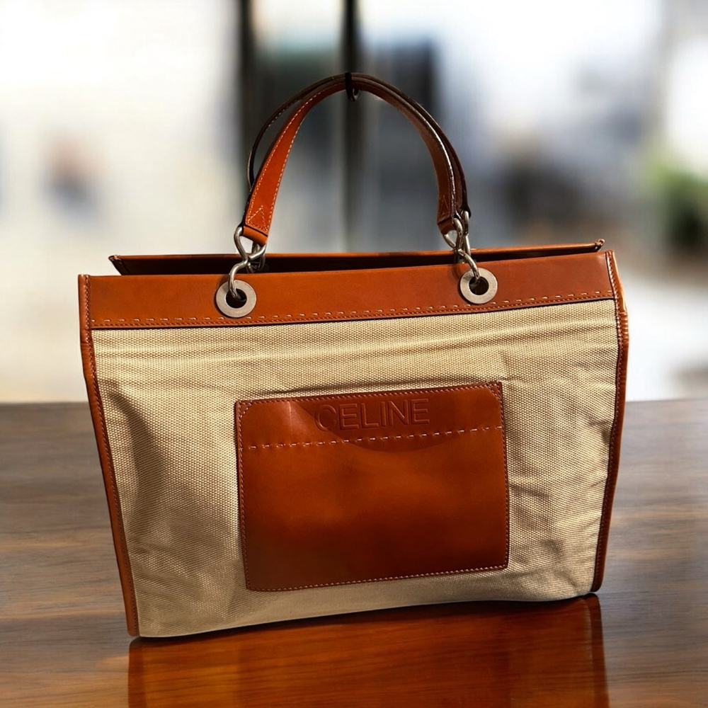 Celine Beige & Brown Canvas & Leather Large Tote Bag